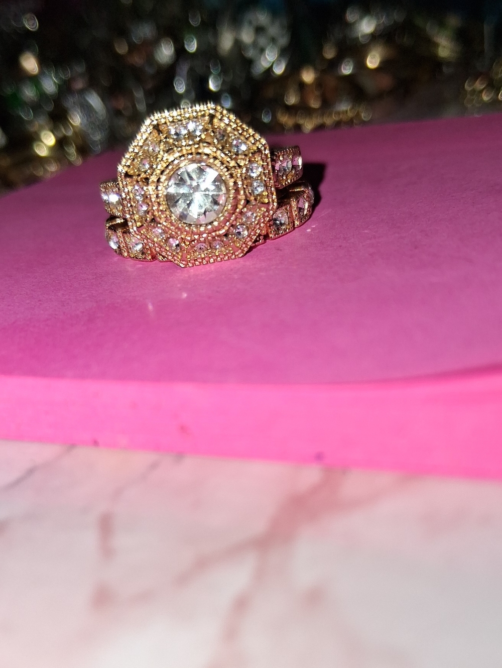 Gold Tone Halo Engagement Ring with Clear Center Stone S925
